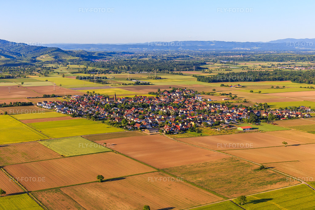 Luftbild: Dorfansicht aus Südwesten im Ortsteil Gündlingen in Breisach im Bundesland Baden-Württemberg in Deutschland. Foto: IMG_147813.jpg vom 30.05.2025 durch Werner Riehm/FLY-FOTO.de