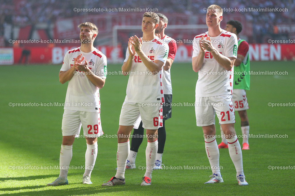 Due21092402197 | 21.09.2024, 2. Fußball Bundesliga, Fortuna Düsseldorf - 1. FC Köln, Merkur Spiel-Arena, Saison 2024 2025: Jan Thielmann (1.FC Köln #29) Eric Martel (1.FC Köln #6) Steffen Tigges (1.FC Köln #21)DFB regulations prohibit any use of photographs as image sequences and or quasi-video.