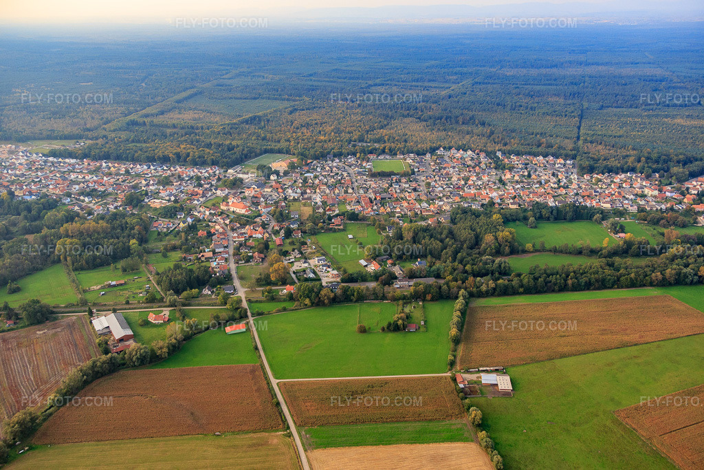 Aerial view: Chem. de Drusenheim in Schirrhein in the state Bas-Rhin, France. – Photo: IMG_074314.jpg taken on 10/04/2014 by Werner Riehm/FLY-FOTO.com – Resolution of the original: 5472 x 3648 px