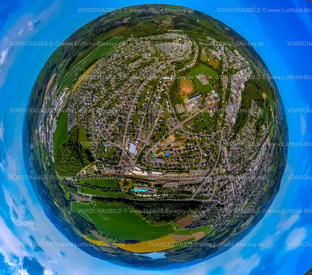 Meschede240590351Mitte_AbteiKoenigsmuenster | Luftbild, Ortsansicht, Kloster Abtei Königsmünster, Gymnasium der Benediktiner, Erdkugel, Fisheye Aufnahme, Fischaugen Aufnahme, 360 Grad Aufnahme, tiny world, little planet, fisheye Bild, Meschede-Stadt, Meschede, Sauerland, Nordrhein-Westfalen, Deutschland