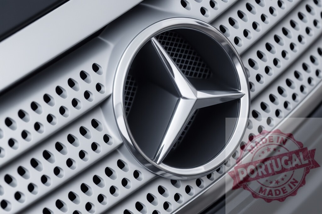 Mercedes-Benz emblem on luxury car grille close-up | Mercedes-Benz three-pointed star logo shining on a modern car radiator grille - Realisiert mit Pictrs.com