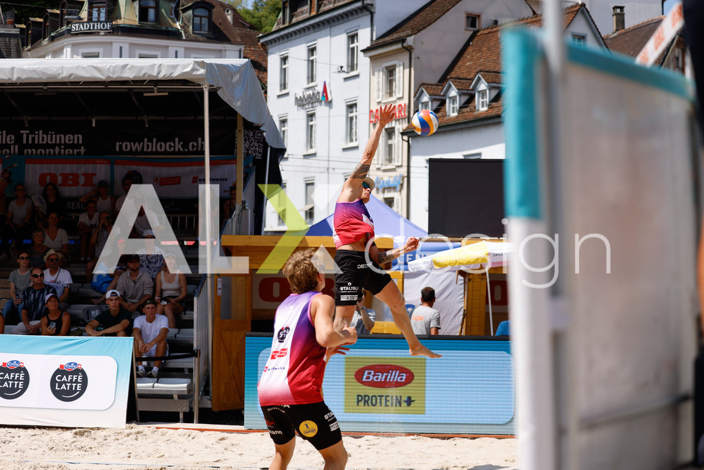 Obi BeachTour 2026 - Basel | BASEL, SWITZERLAND - JULY 17: NOAH YANNIK ALOIS FURRER (SUI) attack / spike during the Obi BeachTour 2026 match between ALLEMANN / LEFFLER (SUI) and FURRER / WYMANN (SUI) at Barfüsserplatz on July 17, 2026 in Basel, Switzerland. - Realisiert mit Pictrs.com
