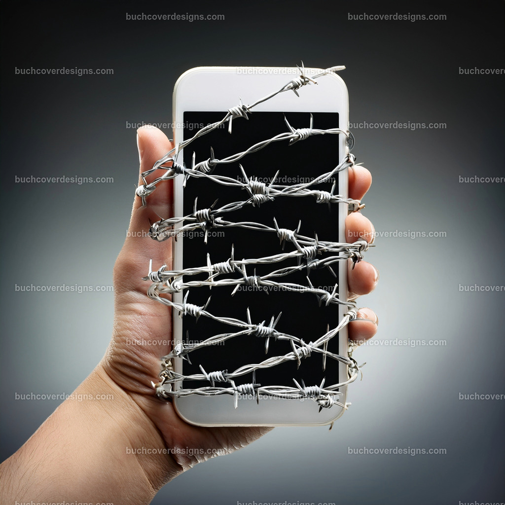 Mobiltelefon mit Stacheldraht in Hand | Entdecken Sie kreative Buch Cover Designs für Self-Publishing-Autoren und Verlage! Unsere maßgeschneiderten Designs ziehen Leser an und bringen Ihre Geschichten visuell zum Leben. Lassen Sie uns Ihr perfektes Cover gestalten!