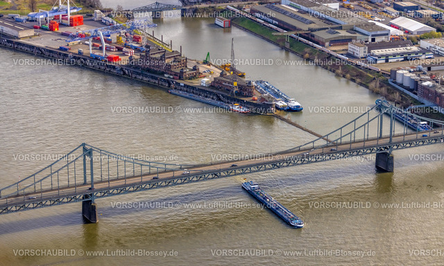 Duisburg230302760 | Luftbild, Rheinbrücke, Krefeld-Uerdinger-Brücke über den Fluss Rhein, Binnenschifffahrt, Rheinhafen Krefeld, Mündelheim, Duisburg, Ruhrgebiet, Nordrhein-Westfalen, Deutschland