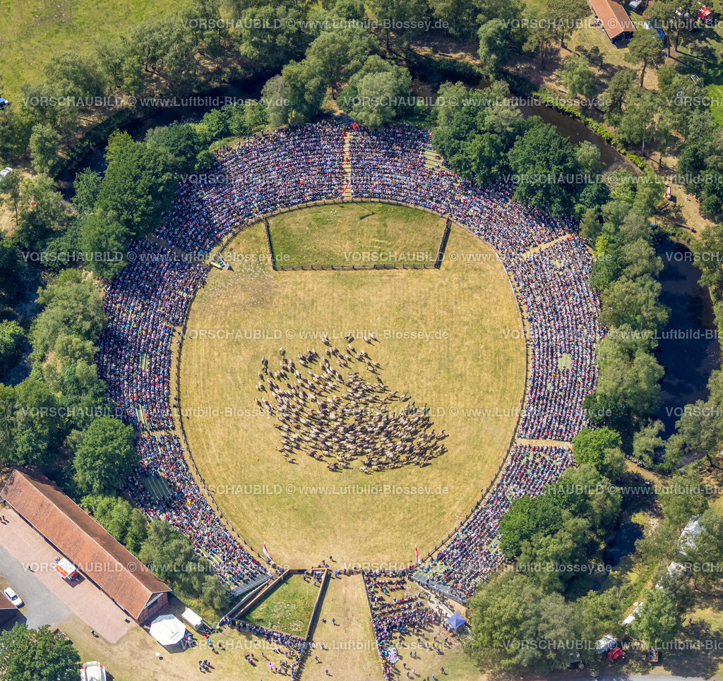 Duelmen220505108MerfelderBruchPferde-2 | Luftbild, Wildpferdefang im Merfelder Bruch bei Dülmen, Arena der Wildpferdebahn, Herzöge von Croÿ Anwesen, Pferdeherde,  Merfeld, Dülmen, Münsterland, Nordrhein-Westfalen, Deutschland