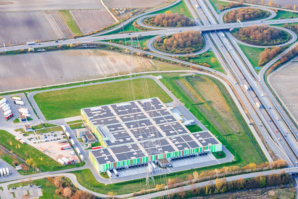 Luftbild: Neue Hallen des Pfalzmarkt für Obst und Gemüse eG in Mutterstadt im Bundesland Rheinland-Pfalz in Deutschland. Foto: IMG_153623.jpg vom 23.03.2026 durch Werner Riehm/FLY-FOTO.deAuflösung des Originals: 5456 x 3637 pxPfalzmarkt