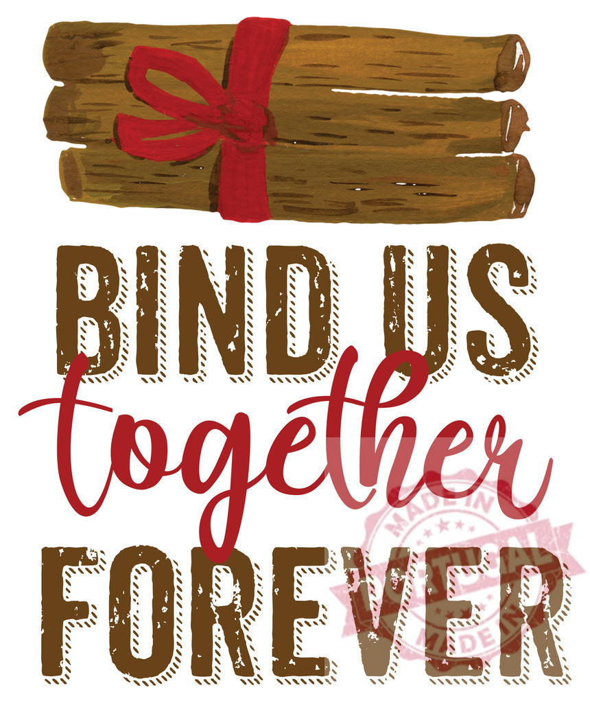 Cinnamon sticks bundle symbolizing binding us together forever. T-Shirt design | Cinnamon sticks tied with a red ribbon with text expressing unity and love - Realized with Pictrs.com
