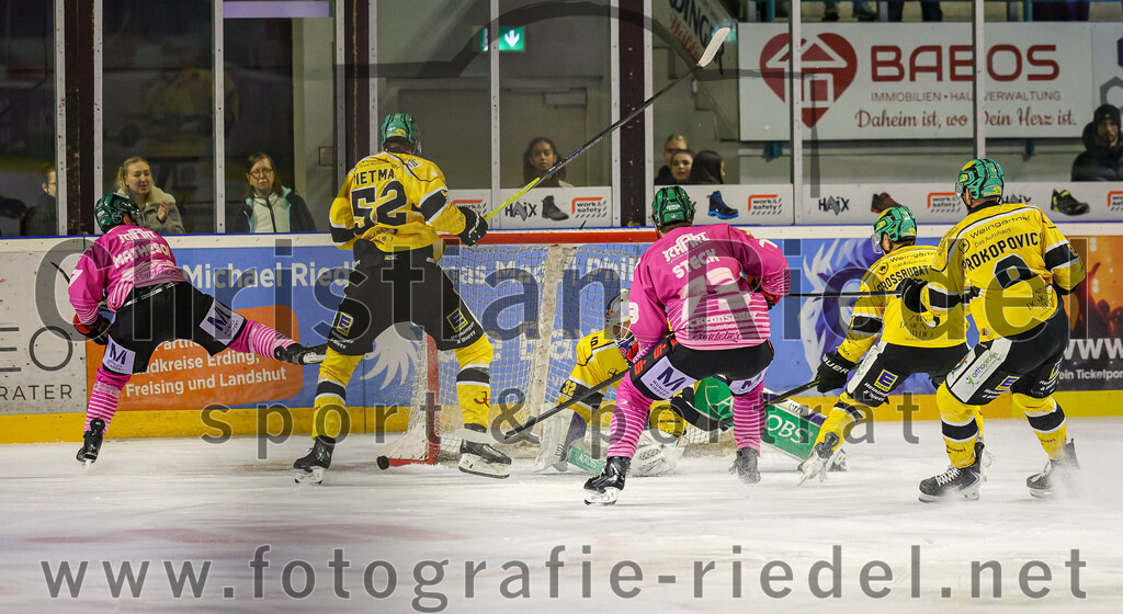 2025-10-28_050_TSV_Erding_gegen_Toelzer_Loewen | Erding, Deutschland, 28.10.2025:Eishockey, Oberliga Süd 2025 / 2026, 13. Spieltag, TSV Erding gegen Tölzer Löwen, Endergebnis: 2:5Thomas Matheson (Erding Gladiators, #37), Dennis Dietmann (Tölzer Löwen, #52), Torwart Matthias Bittner (Tölzer Löwen, #32), Pascal Steck (Erding Gladiators, #73)Foto: Christian Riedel / fotografie-riedel.net