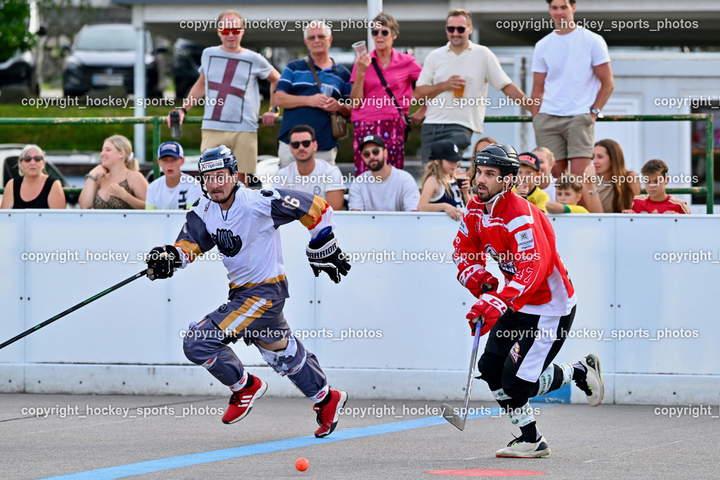 VAS Ballhockey vs. HSC Eagles Poggersdorf | #66 Hintermann Daniel, #47 Witting Marcel, VAS Ballhockey vs. HSC Eagles Poggersdorf, VAS Ballhockey vs. HSC Eagles Poggersdorf am 14.07.2024 in Villach (Alpen Arena ), Austria, (Photo by Bernd Stefan)
