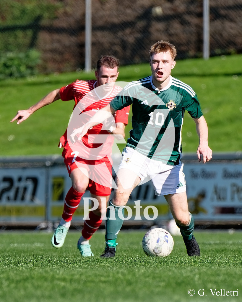 UEFA Region's Cup - NI Western Region v Vaud | Reece Byrne (10 NI Western Region) controls the ball (action) during the UEFA Region's Cup game between NI Western Region and Vaud at Centre Sportif de Colovray in Nyon, Switzerland 
