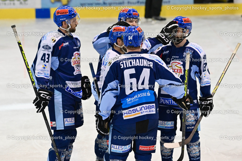 ESC Steindorf vs. EC Hornets Spittal 25.2.2024 | Jubel ESC Steindorf, #43 Oraze Martin ESC Steindorf, #57 Wilfan Franz ESC Steindorf, #64 Stichauner Fabian ESC Steindorf, #69 Kreuzer Philipp ESC Steindorf, ESC Steindorf vs. EC Hornets Spittal 25.2.2024, ESC Steindorf vs. EC Hornets Spittal 25.2.2024 am 25.02.2024 in Steindorf (Ossiachersee Halle), Austria, (Photo by Bernd Stefan)
