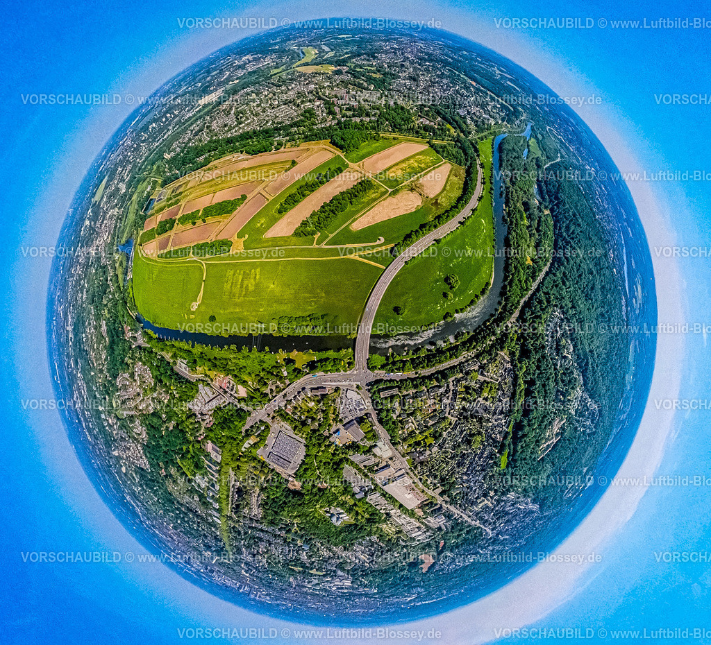 Essen250590044Ueberruhr | Luftbild, Wasserwerk Wassergewinnung Essen GmbH am Fluss Ruhr mit Ruhrbogen Überruhr, Erdkugel, Fisheye Aufnahme, Fischaugen Aufnahme, 360 Grad Aufnahme, tiny world, little planet, fisheye Bild, Überruhr-Hinsel, Essen, Ruhrgebiet, Nordrhein-Westfalen, Deutschland