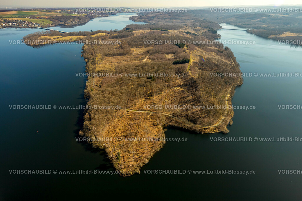 Moehnesee220301680 | Luftbild, Friedwald, Waldfriedhof, Halbinsel im Möhnesee, Waldsterben, Rodungen,   Delecke, Möhnesee, Sauerland, Nordrhein-Westfalen, Deutschland