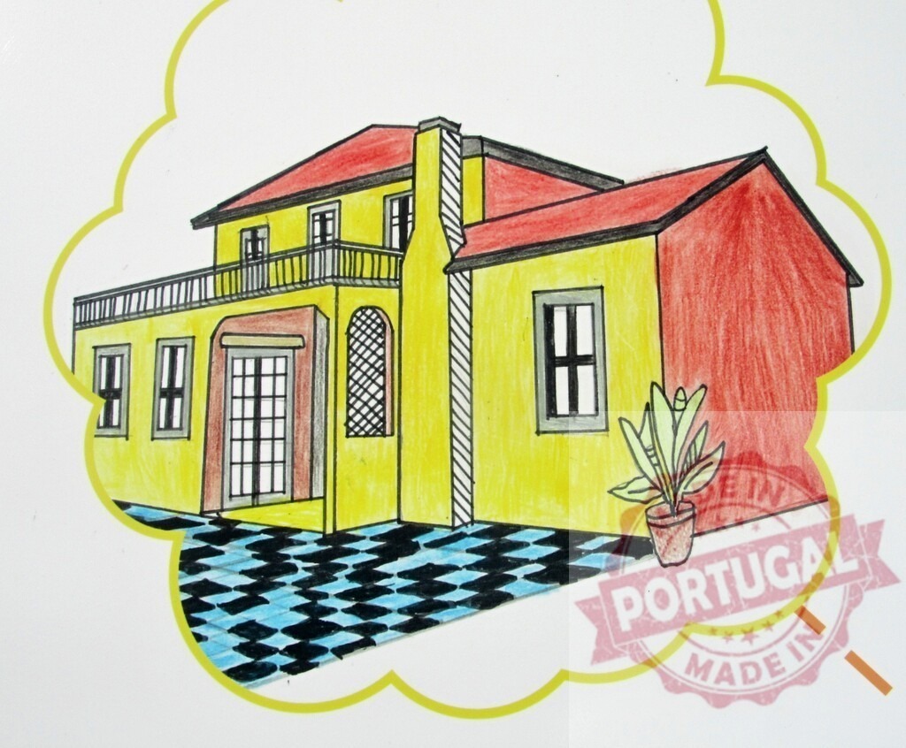 Dream house drawing in thought bubble concept | Colored pencil drawing of a yellow dream house appearing in a thought bubble - Realized with Pictrs.com
