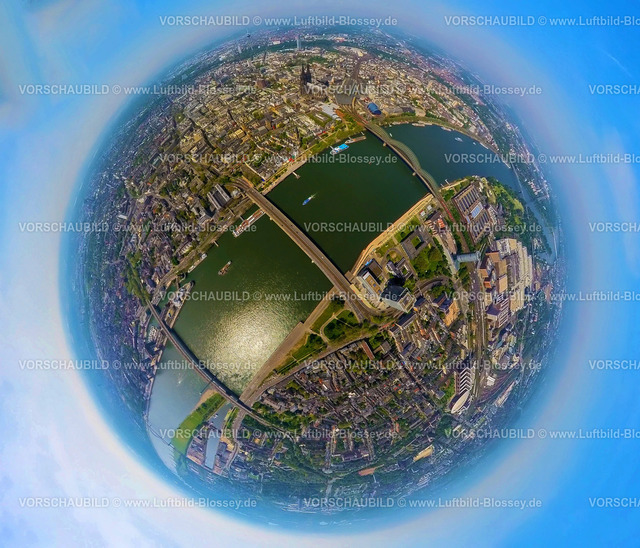 Koeln240590107Rhein | Luftbild, Stadtansicht Köln und Fluss Rhein, Severinsbrücke, Deutzer Brücke und Hohenzollernbrücke Eisenbahnbrücke mit Fußgängerbrücke, Kölner Dom und Hbf Hauptbahnhof, Erdkugel, Fisheye Aufnahme, Fischaugen Aufnahme, 360 Grad Aufnahme, tiny world, little planet, fisheye Bild, Deutz, Köln, Nordrhein-Westfalen, Deutschland