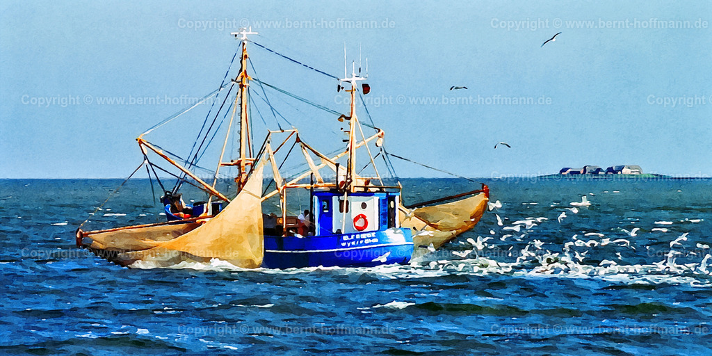PDM2_Krabkutter-Wyk01_120x60 | DIGITALKUNST. Krabbenkutter " ELFRIEDE " aus Wyk auf Föhr während einer Fangfahrt zwischen dem Wyker Südstrand und Hallig Langeness im Nationalpark Wattenmeer. - Realisiert mit Pictrs.com
