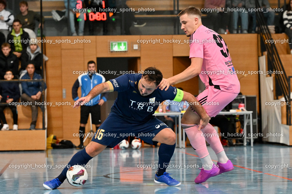 Carinthia Flamengo Futsal Club vs. Futsal Klagenfurt | #15 Vahid Muharemovic Futsal Klagenfurt, #97 Leon Brisevac Carinthia Flamengo, Carinthia Flamengo Futsal Club vs. Futsal Klagenfurt, Carinthia Flamengo Futsal Club vs. Futsal Klagenfurt am 01.12.2024 in Klagenfurt (Ballspielhalle Viktring), Austria, (Photo by Bernd Stefan)