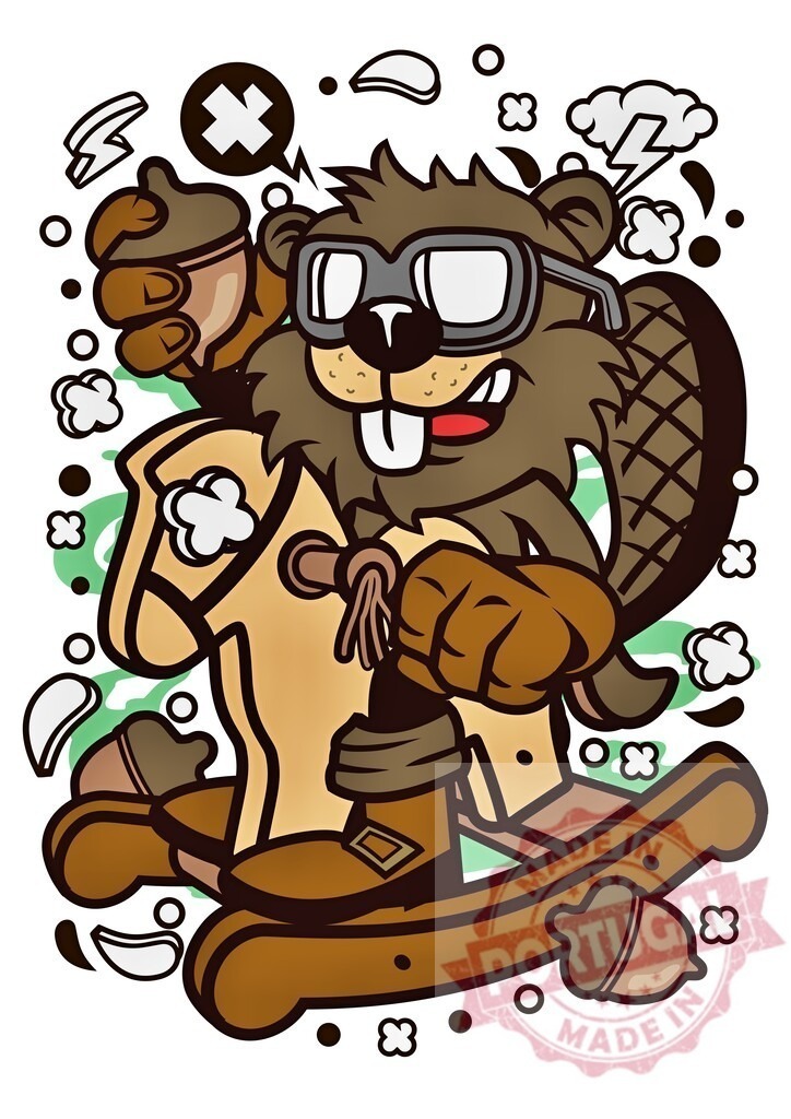 Cartoon beaver wearing goggles riding a rocking horse. T-Shirt design | Cartoon beaver character with goggles riding a rocking horse holding an acorn and having fun - Realisiert mit Pictrs.com