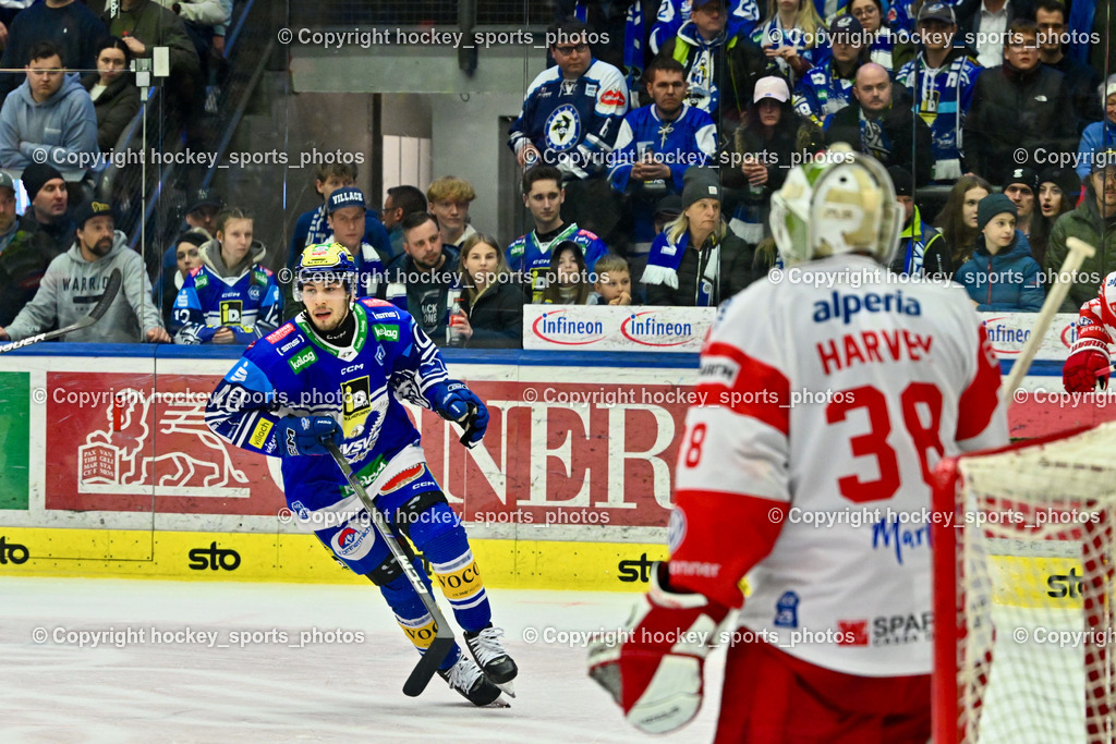 EC IDM WÄRMEPUMPEN VSV vs. HC Bozen | #40 WALLENTA Elias EC VSV, #38 Harvey Sam Dean HC Bozen, EC IDM WÄRMEPUMPEN VSV vs. HC Bozen, EC IDM WÄRMEPUMPEN VSV vs. HC Bozen am 14.03.2025 in Villach (Stadthalle Villach), Austria, (Photo by Bernd Stefan)