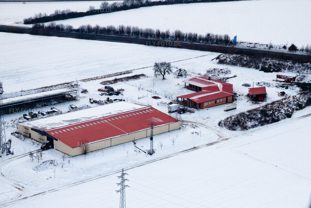 Luftbild: Hühnerhof Eierfarm im Winter bei Schnee in Erlenbach bei Kandel im Bundesland Rheinland-Pfalz in Deutschland. Foto: IMG_23825.jpg vom 16.01.2010 durch Werner Riehm/FLY-FOTO.de