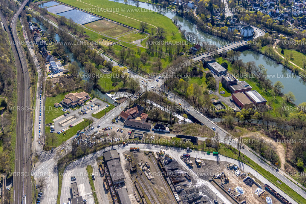 Witten220401167 | Luftbild, Kreuzung Ruhrstraße, Wetterstraße und Ruhrdeich, Fluss Ruhr und Ruhrbrücke, Witten, Ruhrgebiet, Nordrhein-Westfalen, Deutschland