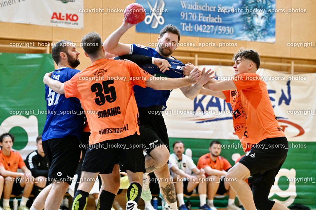 SC kelag Ferlach vs. HSG Holding Graz | #35 JURANIC Jura Egon HSG Graz, #57 LEBAN Patrik SC Ferlach, #6 Krobath Leander SC Ferlach, #14 HOFER Markus HSG Graz, SC kelag Ferlach vs. HSG Holding Graz, SC kelag Ferlach vs. HSG Holding Graz am 18.10.2025 in Ferlach (Ballspielhalle Ferlach), Austria, (Photo by Bernd Stefan)