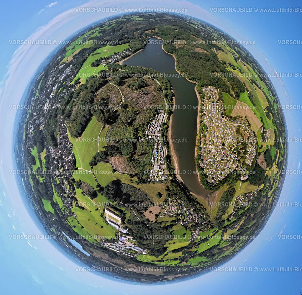Kierspe250813286 | Luftbild, Lingesetalsperre, Lambacher Höhe Campingplatz und Campingplatz Marienheide zum Wiesengrund, Erdkugel, Fisheye Aufnahme, Fischaugen Aufnahme, 360 Grad Aufnahme, tiny world, little planet, fisheye Bild, Griemeringhausen, Marienheide, Sauerland, Nordrhein-Westfalen, Deutschland