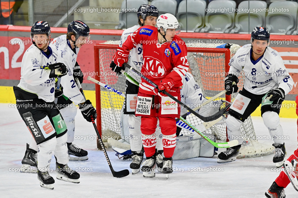 EC KAC Future Team vs. Die Adler Kitzbühl 7.10.2023 | #24 Müller Laurin EC Kitzbühel, #22 Waschnig Lukas EC KAC FUTURE TEAM, #8 Matzka Moritz EC Kitzbühel, EC KAC Future Team vs. Die Adler Kitzbühl 7.10.2023, EC KAC Future Team vs. Die Adler Kitzbühl am 07.10.2023 in Klagenfurt (Messehalle Klagenfurt), Austria, (Photo by Bernd Stefan)