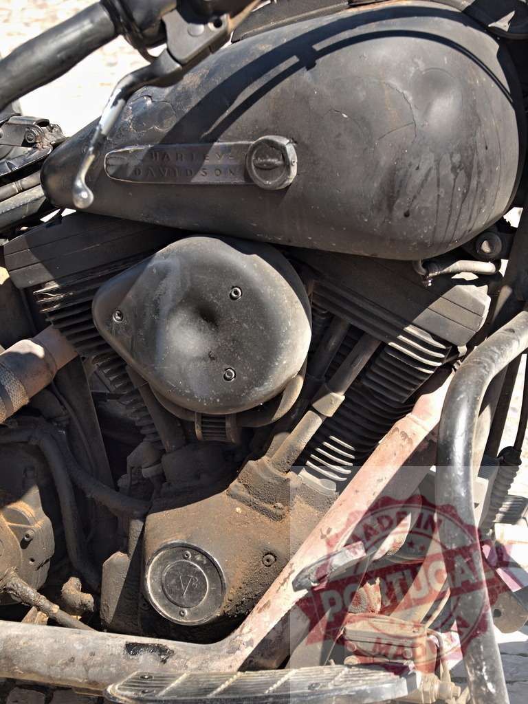Harley-Davidson motorcycle engine and fuel tank, vintage style | Harley-Davidson V-twin engine and fuel tank showing wear and dust - Realisiert mit Pictrs.com