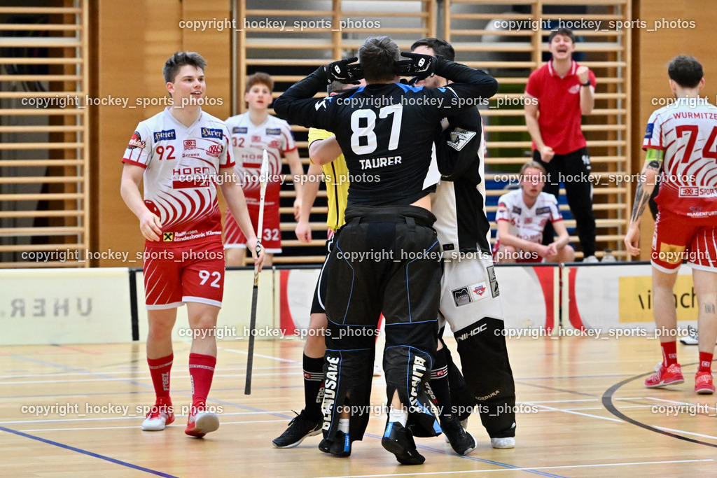 VSV Unihockye vs. KAC Floorball | #87 Timmo Taurer VSV Unihockey, #55 Maximilian Obereder KAC Floorball, #92 Maximilian Mörtl KAC Floorball, VSV Unihockye vs. KAC Floorball, VSV Unihockye vs. KAC Floorball am 13.04.2025 in Villach (Ballspielhalle St. Martin), Austria, (Photo by Bernd Stefan)