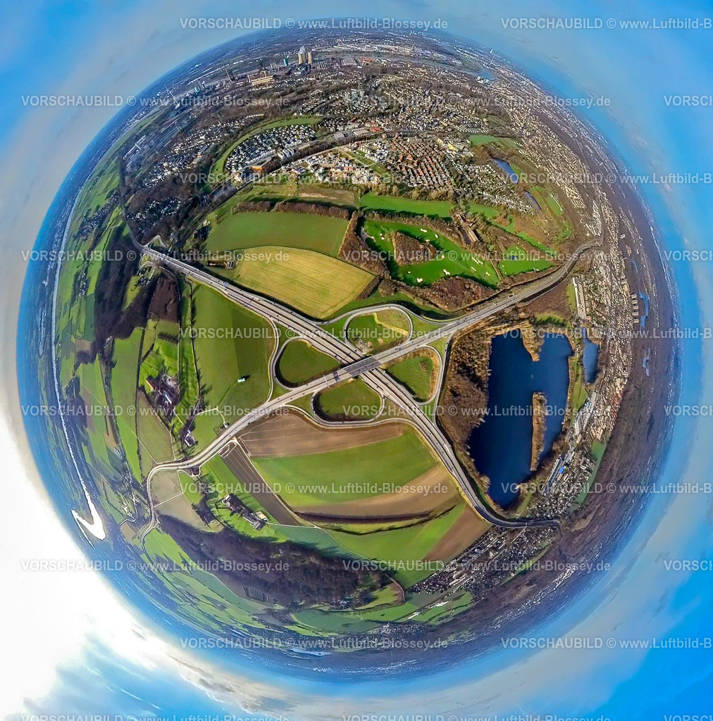 Duisburg2301fish0008BAB53KreuzSuedHuckingen | Luftbild, Autobahnkreuz Duisburg-Süd, Rahmer See, Golfplatz Golf und More, Fisheye Aufnahme, Fischaugen Aufnahme, 360 Grad Aufnahme, Rahm, Duisburg, Ruhrgebiet, Nordrhein-Westfalen, Deutschland