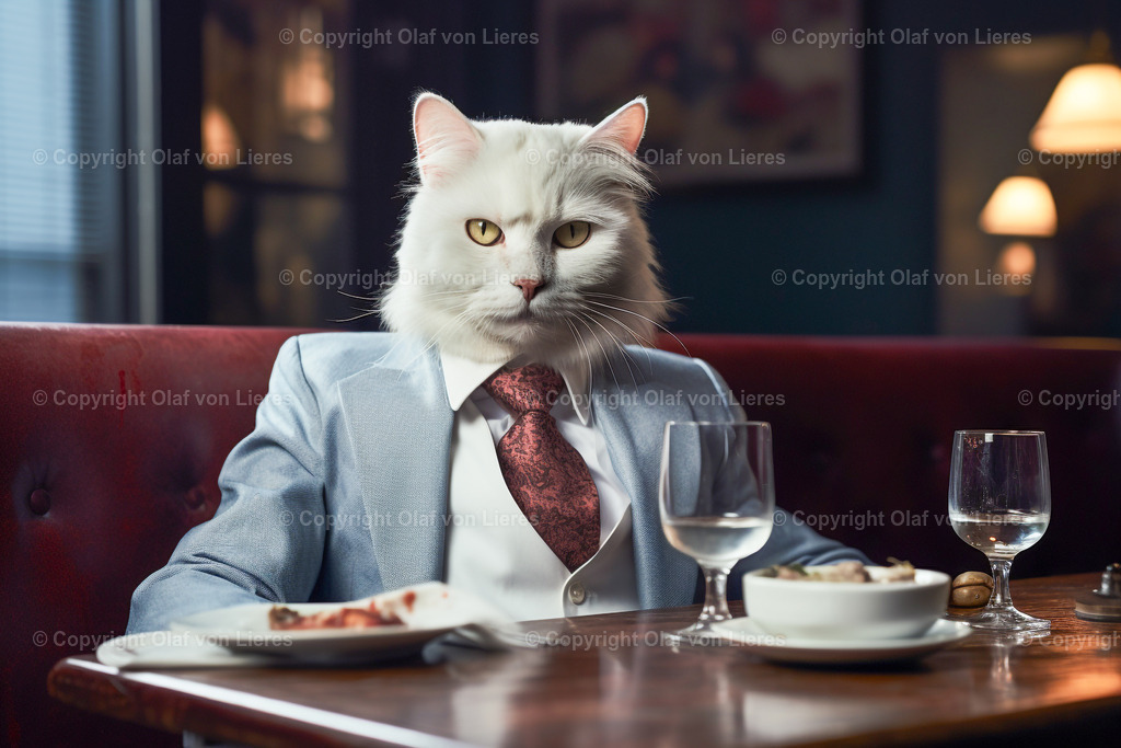 Katzen im Anzug | Katze am Esstisch im Restaurant