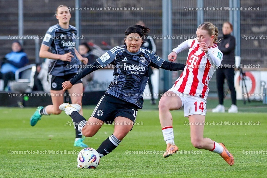 xSSCx28032601015 | 28.03.2026, xsscx, Frauen Fussball, 1. FC Köln - Eintracht Frankfurt, 1. Fussball Bundesliga, 22. Spieltag, Franz-Kremer-Stadion, Saison 2025 2026: Remina Chiba (Eintracht Frankfurt 15) im Zweikampf gegen Carlotta Imping (1. FC Köln 14) DFB regulations prohibit any use of photographs as image sequences and or quasi-video. Photo: xSandraxScherningxPressefotoKochx