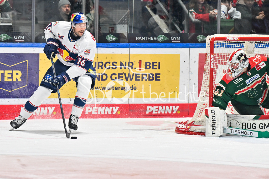 Augsburger Panther - EHC RB München | aUGSBURG, DEUTSCHLAND - 27. FEBRUAR: Konrad ABELTSHAUSER (RBM 16) am Puck vor Peyton JONES (Augsburger Panther 41) während dem Match zwischen den Augsburger Panthern und dem EHC RB München am 46. Spieltag der Penny DEL im Curt Frenzel Stadion