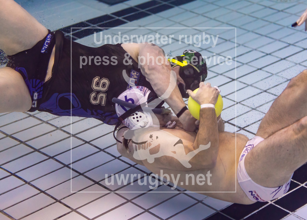 GER, Brisbane Gauls(Austrialien) vs. TJ CZU TRITON (Tschechien), Herren, Unterwasser-Rugby, Champions Cup 2024, 24.11.2024 | Sean Fitzgerald (Brisbane Gauls, #95) versucht Lukas Fucik (TJ CZU Triton, #16) den Ball aus der Hand zu boxen. - Realisiert mit Pictrs.com