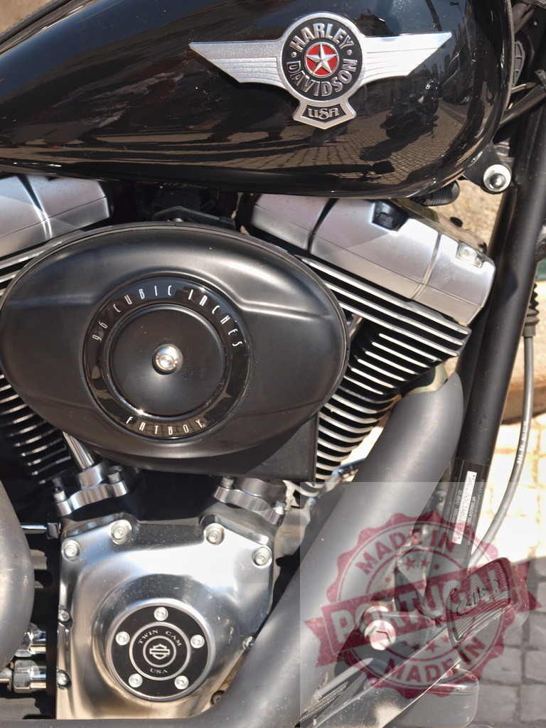 Harley Davidson Fat Boy motorcycle engine detail | Harley Davidson Fat Boy engine, tank, and chrome elements close up - Realisiert mit Pictrs.com