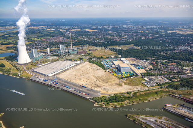 Duisburg220702573 | Luftbild, Dampfendes STEAG Kraftwerk Walsum und logport VI, Baustelle mit Neubau Logistikunternehmen DSV Halle, Alt-Walsum, Duisburg, Ruhrgebiet, Nordrhein-Westfalen, Deutschland
