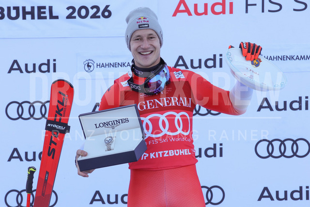 Audi FIS Ski World Cup: Men’s Slalom – Hahnenkamm Race, Kitzbuehel | Kitzbuehel, Austria, 25.Jan.26 - Alpine Skiing - FIS World Cup, Hahnenkamm Race, Slalom, men. The image shows ODERMATT Marco (SUI, Stoeckli) with trophy and Longines watch.