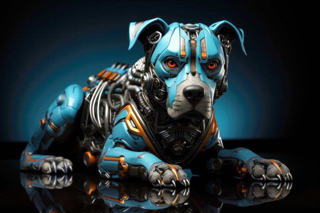 2308033 - Cyborg Pitbull | Bestellen Sie dieses digitale Motiv eines Cyborg-Pitbulls als hochwertigen Kunstdruck auf Leinwand, Acrylglas, Alu-Dibond oder als Poster. 