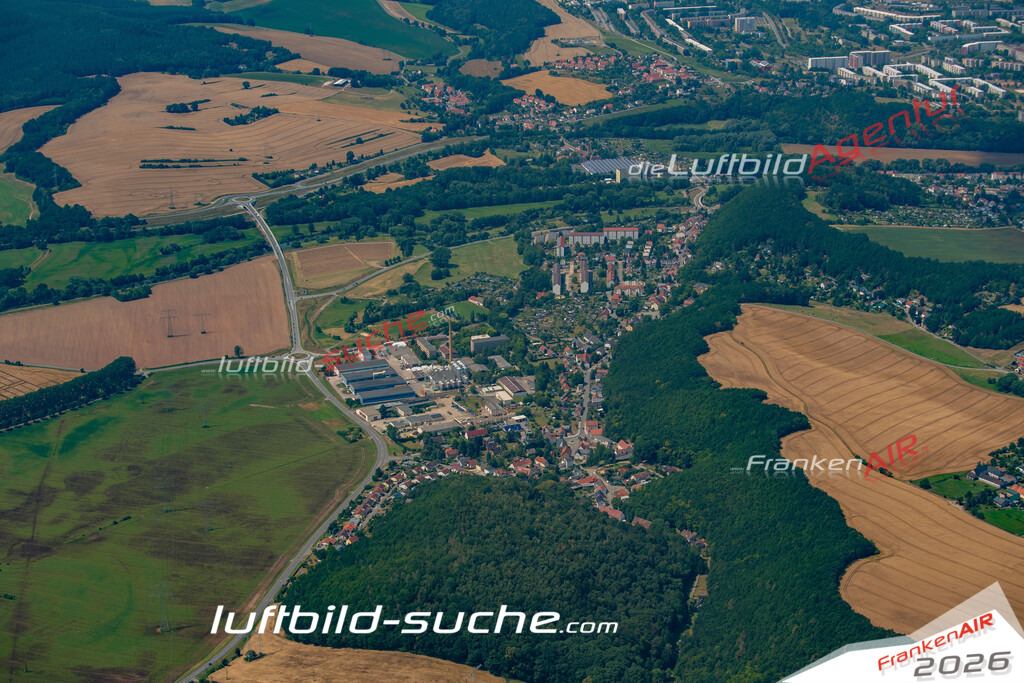 aktuelles Luftbild von Liebschwitz Gera - Luftaufnahme wurde 2018 von https://frankenair.de mittels Flugzeug (keine Drohne) erstellt.