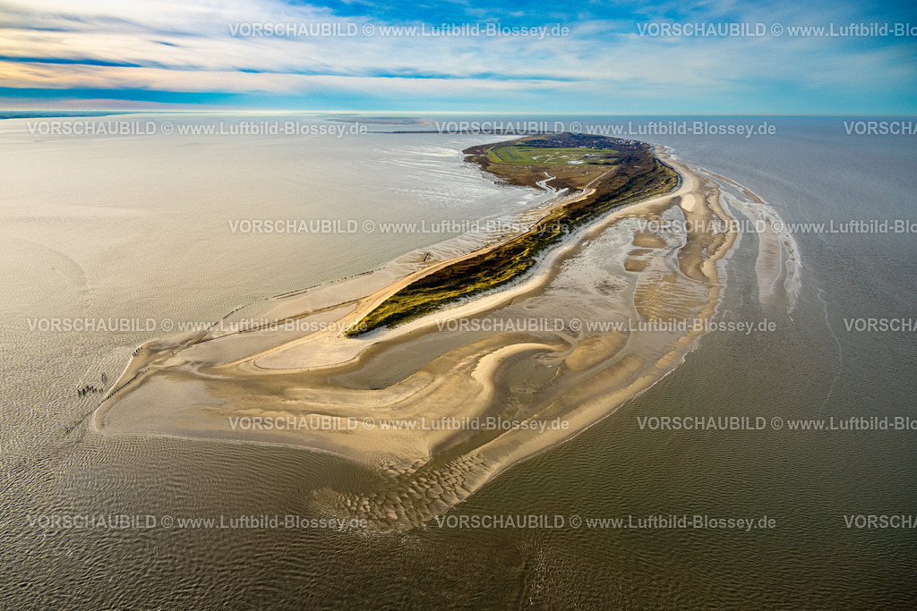 Friesland251106330Wangerooge | Luftbild, Gesamtansicht Ostfriesische Insel Wangerooge, Sandstrand und Ostinnengroden Grasland am östlichen Ende, Fernsicht und blauer Himmel mit Horizont, Wangerooge, Norddeutschland, Ostfriesland, Niedersachsen, Deutschland