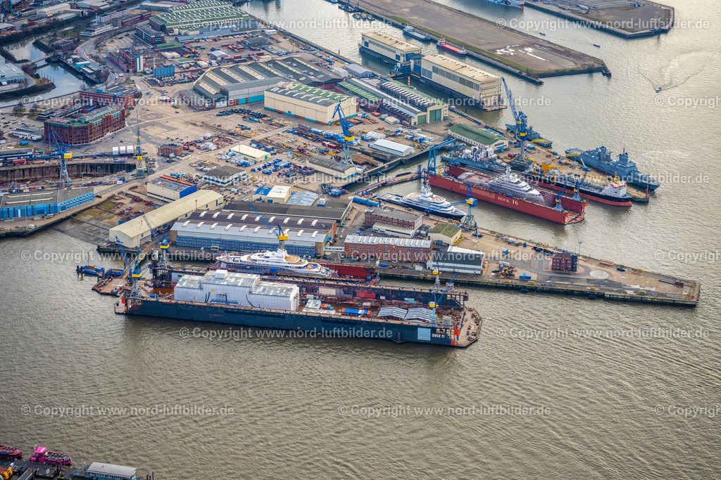 Hamburg_Blohm_und_Voss_Werft_ELS_3195040223 | HAMBURG 04.02.2023 Werftgelände der Blohm+Voss GmbH am Werfthafen an der Elbe in Hamburg. Weiterführende Informationen bei: Blohm+Voss B.V. &amp; Co. KG,  NVL B.V. &amp; Co. KG - Naval Vessels Lürssen. // Shipyard - site of the Blohm+Voss GmbH in Hamburg in Hamburg, Germany. Further information at: Blohm+Voss B.V. &amp; Co. KG,  NVL B.V. &amp; Co. KG - Naval Vessels Luerssen. Foto: Martin Elsen