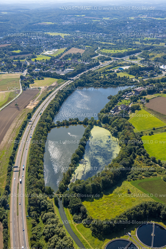 Bochum240815958 | Luftbild, Ölbach Mündungsteich an der Autobahn A43 mit Anschlussstelle Witten-Heven, Hof Romberg und Landhof am Kemnader See, Blick nach Witten-Herbede, Querenburg, Bochum, Ruhrgebiet, Nordrhein-Westfalen, Deutschland