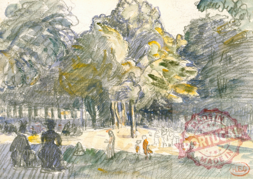 Henri-Edmond Cross watercolor painting of Tuileries gardens. Henri Edmund Cross | People enjoying a stroll in the lush Tuileries gardens on a sunny day - Realized with Pictrs.com