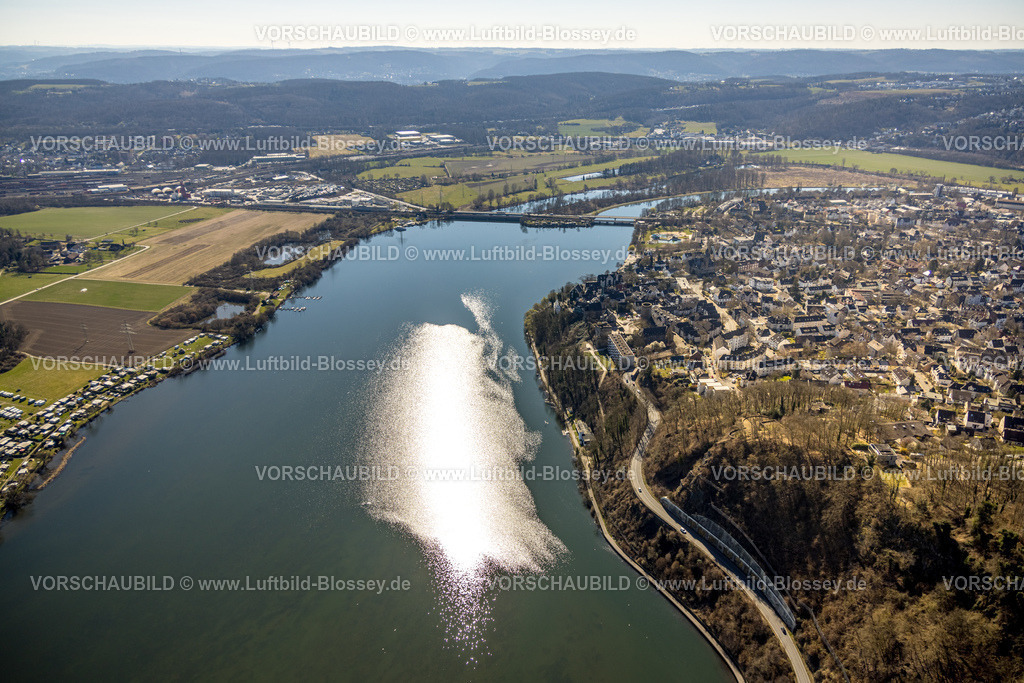 Wetter250303606 | Luftbild, Harkortsee mit Sonnenreflex und Blick zur Obergrabenbrücke, rechts Burg Wetter und Strandweg, Wetter, Ruhrgebiet, Nordrhein-Westfalen, Deutschland
