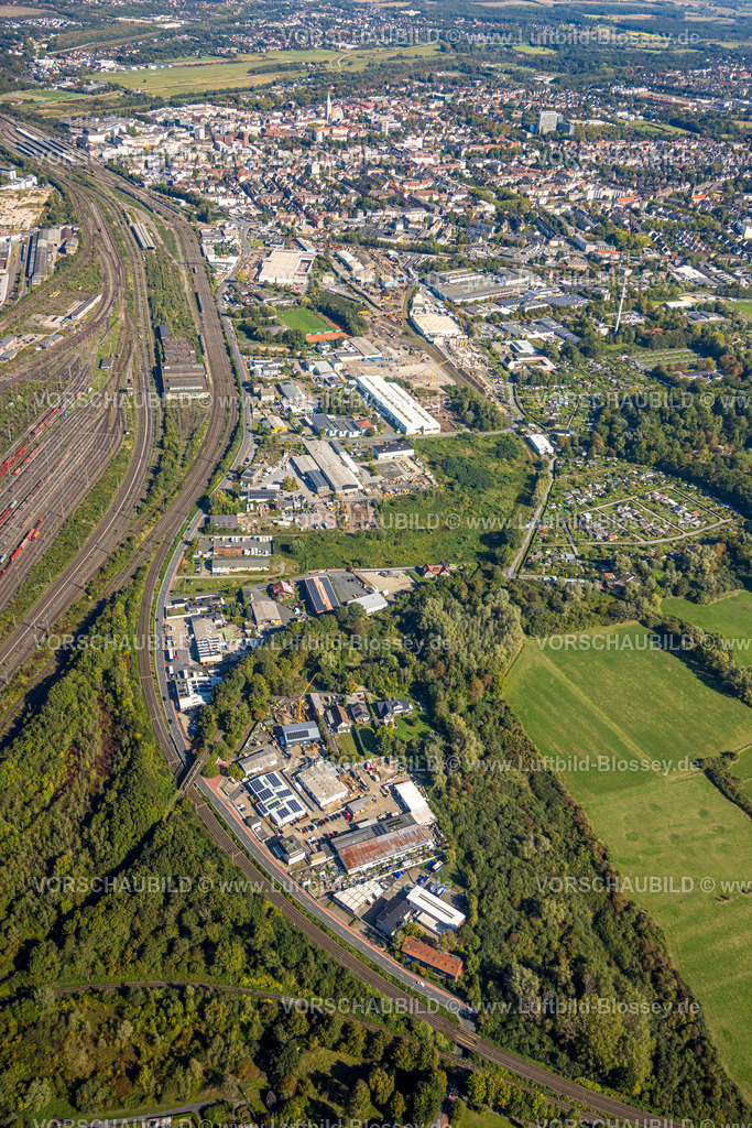 Hamm250901759 | Luftbild, Gewerbegebiet Östingstraße und Blick zum Hbf Hauptbahnhof mit City  Innenstadt, Sender Hamm Fernmeldeturm, Stadtbezirk Pelkum, Hamm, Ruhrgebiet, Nordrhein-Westfalen, Deutschland