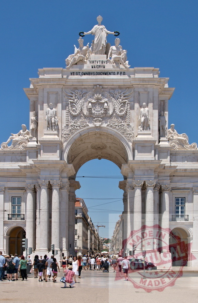 Arco da Rua Augusta triumphal arch in Lisbon Portugal. Lisbon - Portugal | Arco da Rua Augusta standing over a bustling street with tourists and local people - Realized with Pictrs.com
