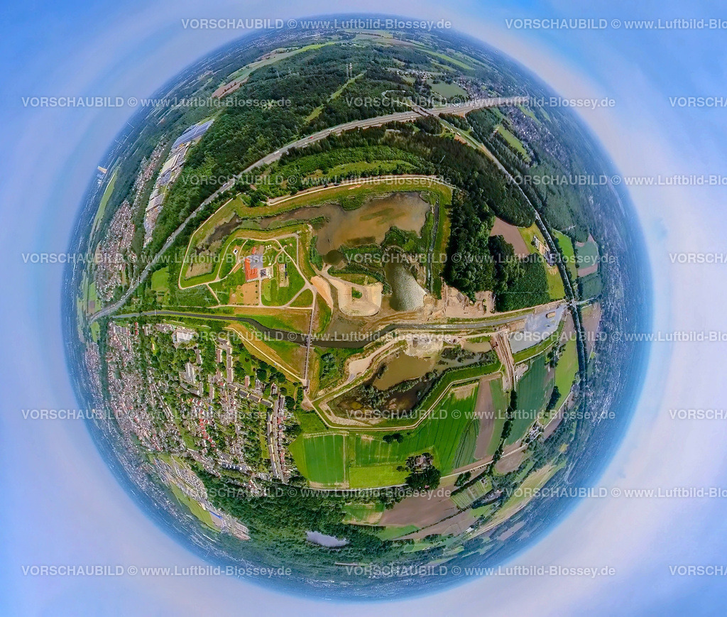 Castrop-Rauxel240590412RegenrueckhaltebeckenEmscherMengede | Luftbild, Hochwasserrückhaltebecken Mengede / Emscher-Auen, Hof Emschertal, am Autobahndreieck Dortmund-Nordwest Mengede der Autobahn A45 und Autobahn A2, Verkehrssituation, Erdkugel, Fisheye Aufnahme, Fischaugen Aufnahme, 360 Grad Aufnahme, tiny world, little planet, fisheye Bild, Ickern, Castrop-Rauxel, Ruhrgebiet, Nordrhein-Westfalen, Deutschland