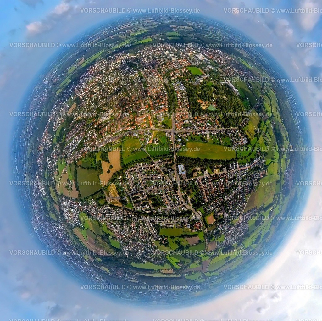 Hamm230990072 Werries | Luftbild, Ortsansicht Ortsteil Werries, Marker Dorfstraße, Maximilianpark, Erdkugel, Fisheye Aufnahme, Fischaugen Aufnahme, 360 Grad Aufnahme, tiny world, Uentrop, Hamm, Ruhrgebiet, Nordrhein-Westfalen, Deutschland