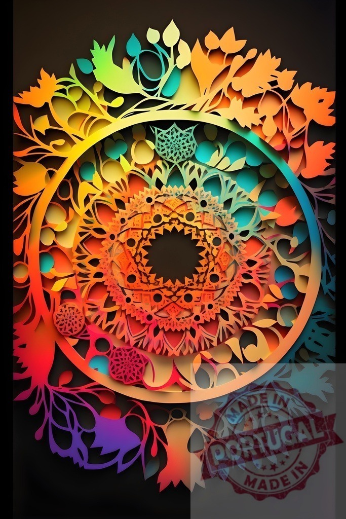 Mandala papercraft art showing colorful layered shapes | Ornate mandala papercut art creating a rainbow of layered floral patterns and geometric designs - Realized with Pictrs.com